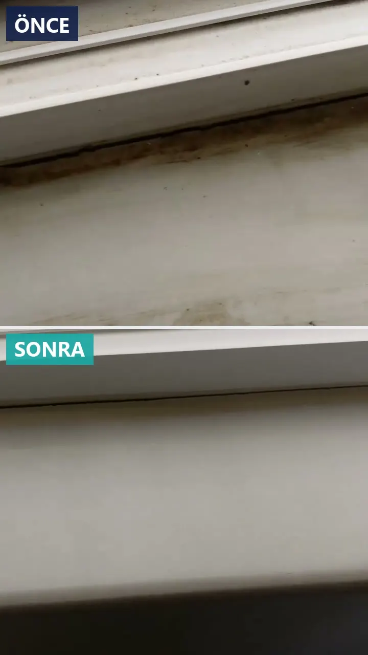 Kirlenmiş pencere pervazı ile mermer denizliğin silinmeden önceki ve sonraki görüntüsü.